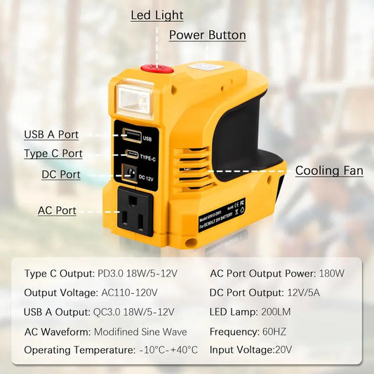 Compact DC to AC Inverter with LED Light and Multiple Outputs