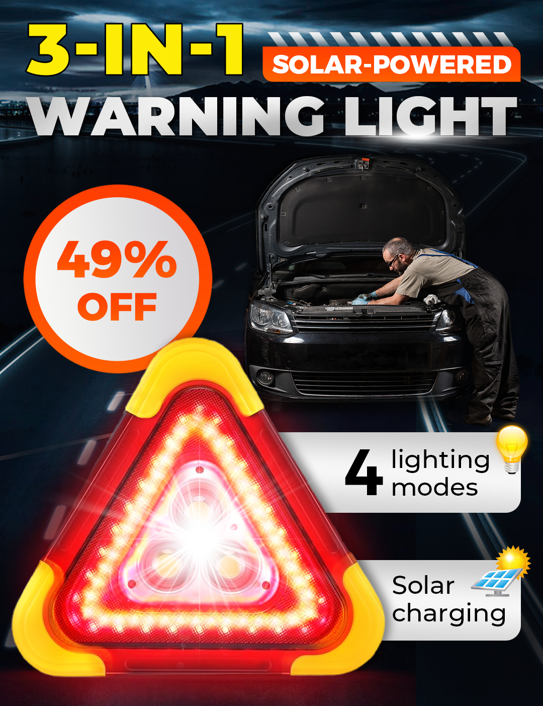 2-in-1 Solar Emergency Triangle Warning Light