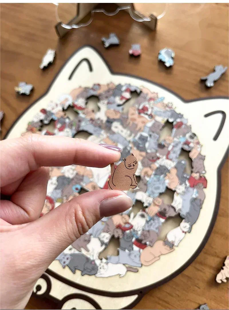 135-Piece Morandi-Colored Cat Shaped Wooden Jigsaw Puzzle