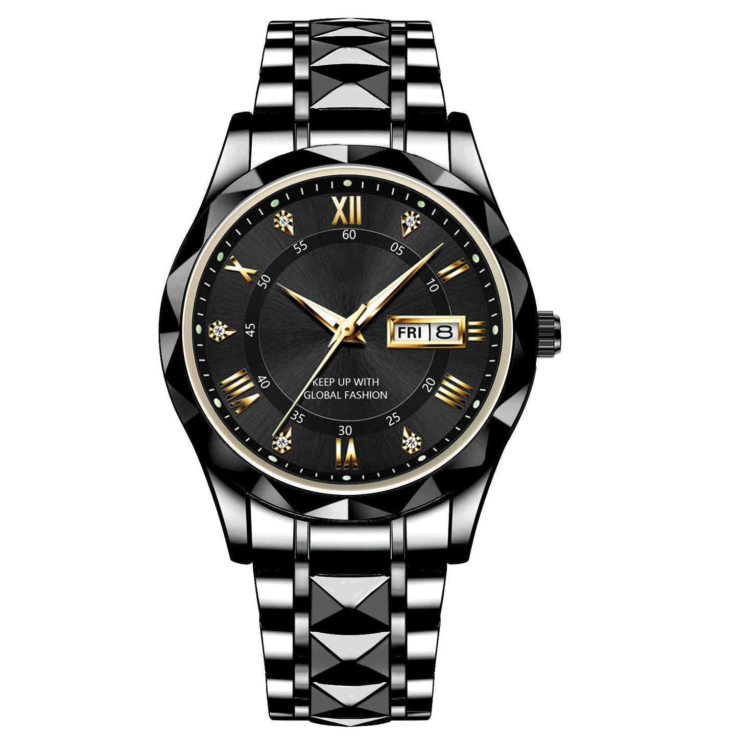 Men's Exquisite Diamond Watch with Luminous Dial and Day Date