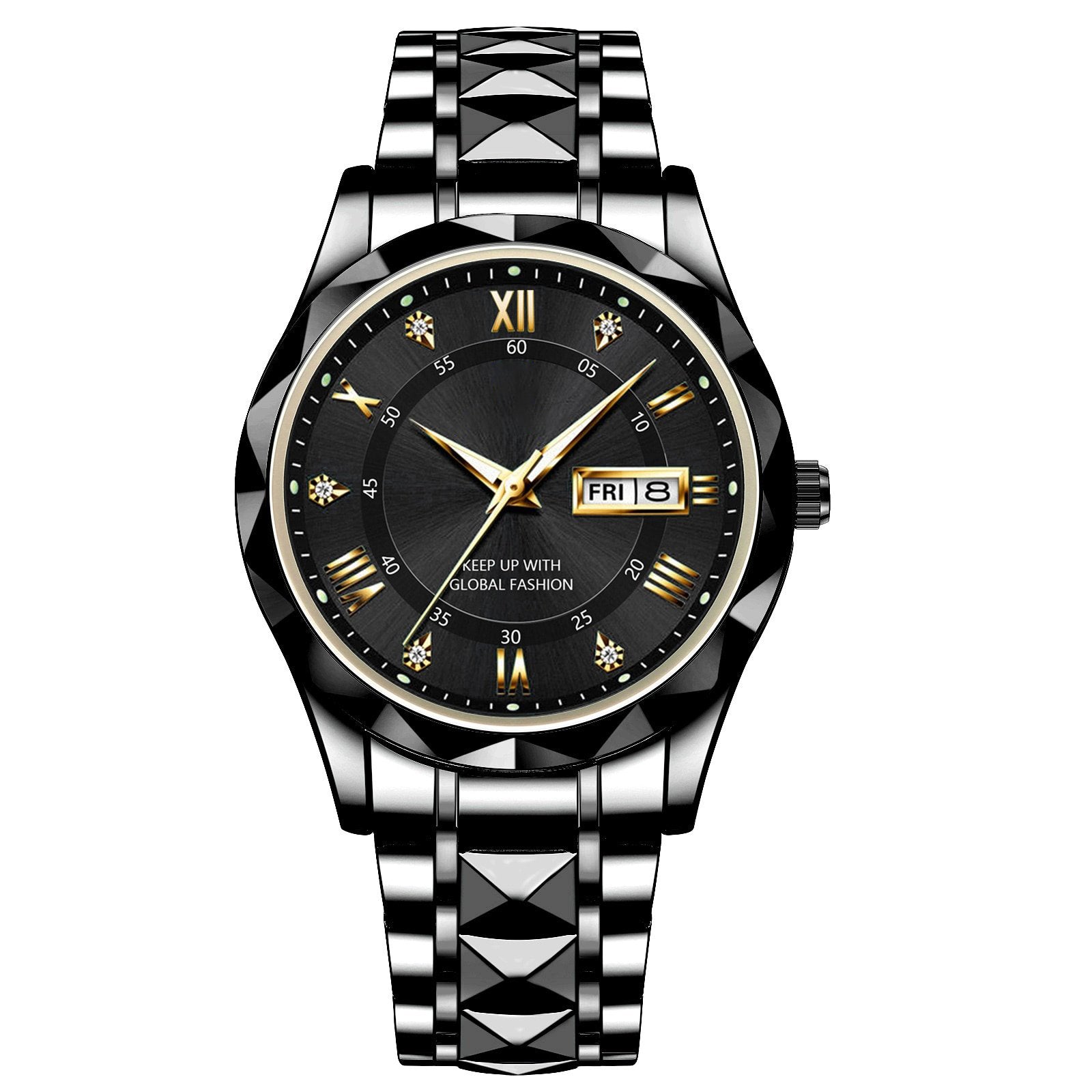 Men's Exquisite Diamond Watch with Luminous Dial and Day Date