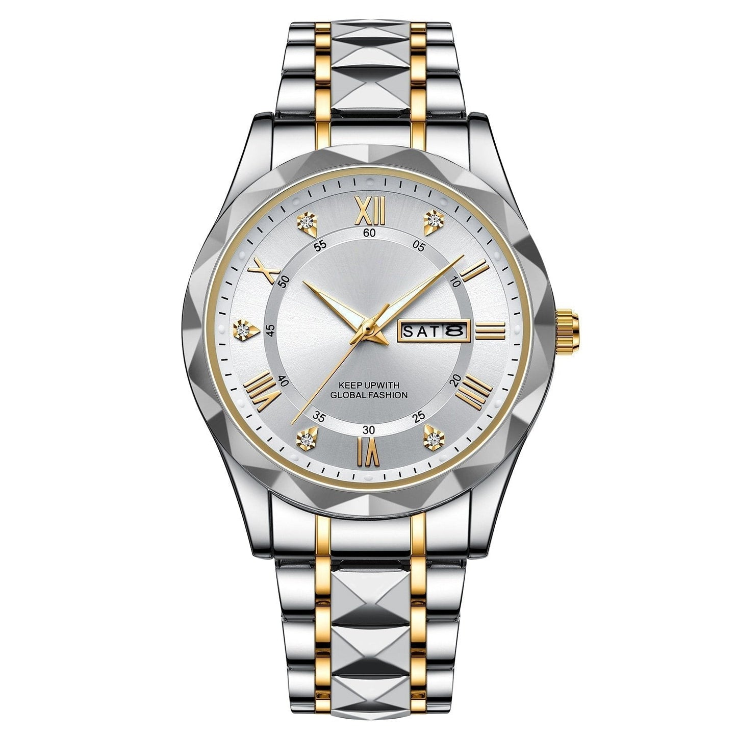 Men's Exquisite Diamond Watch with Luminous Dial and Day Date