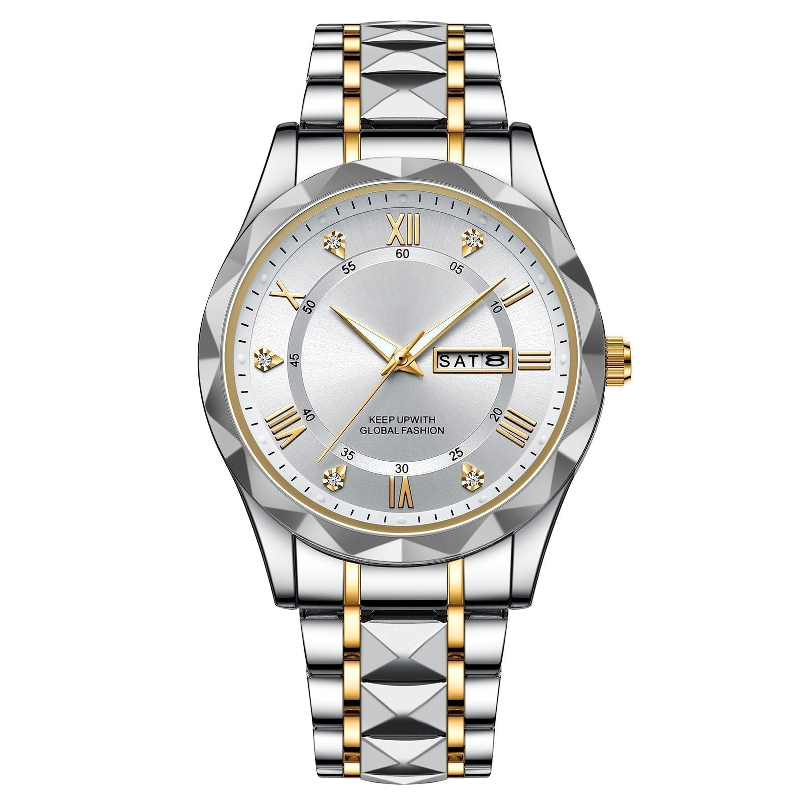 Men's Exquisite Diamond Watch with Luminous Dial and Day Date