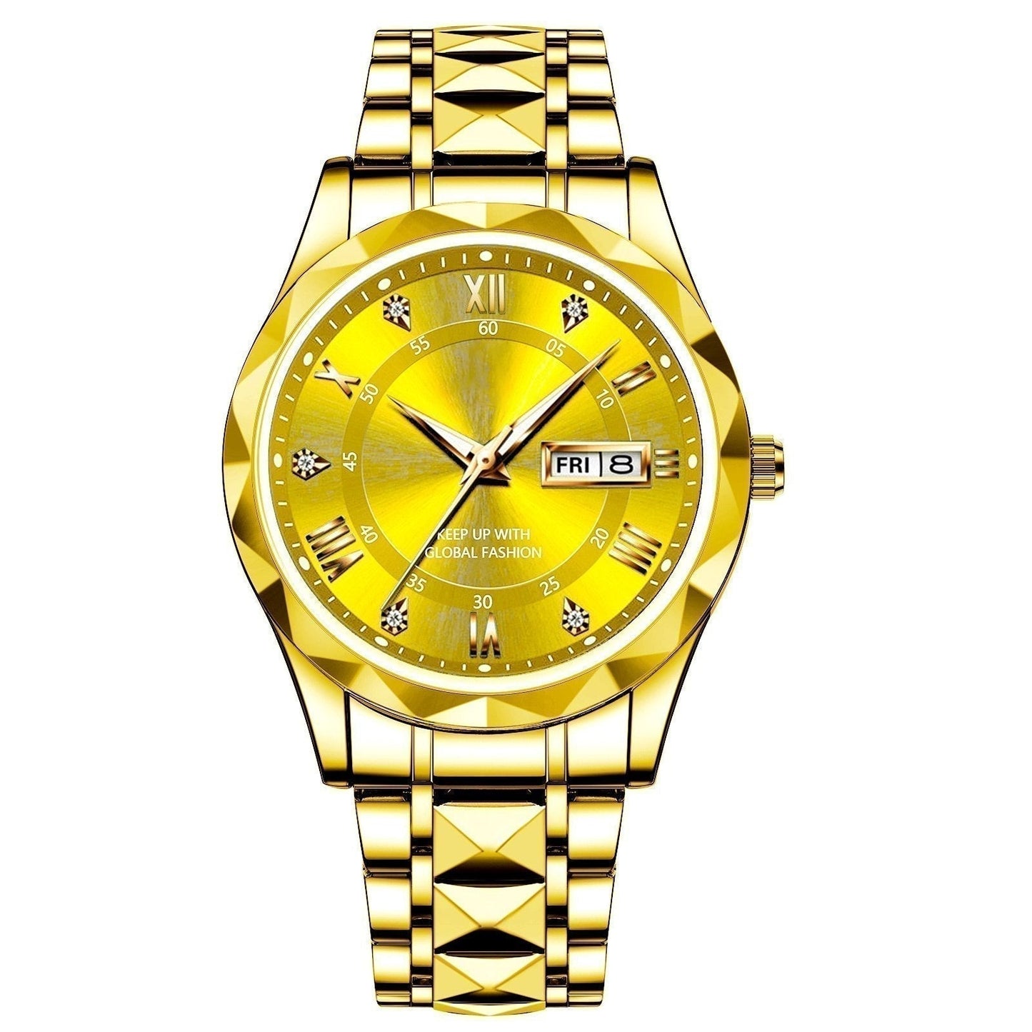 Men's Exquisite Diamond Watch with Luminous Dial and Day Date