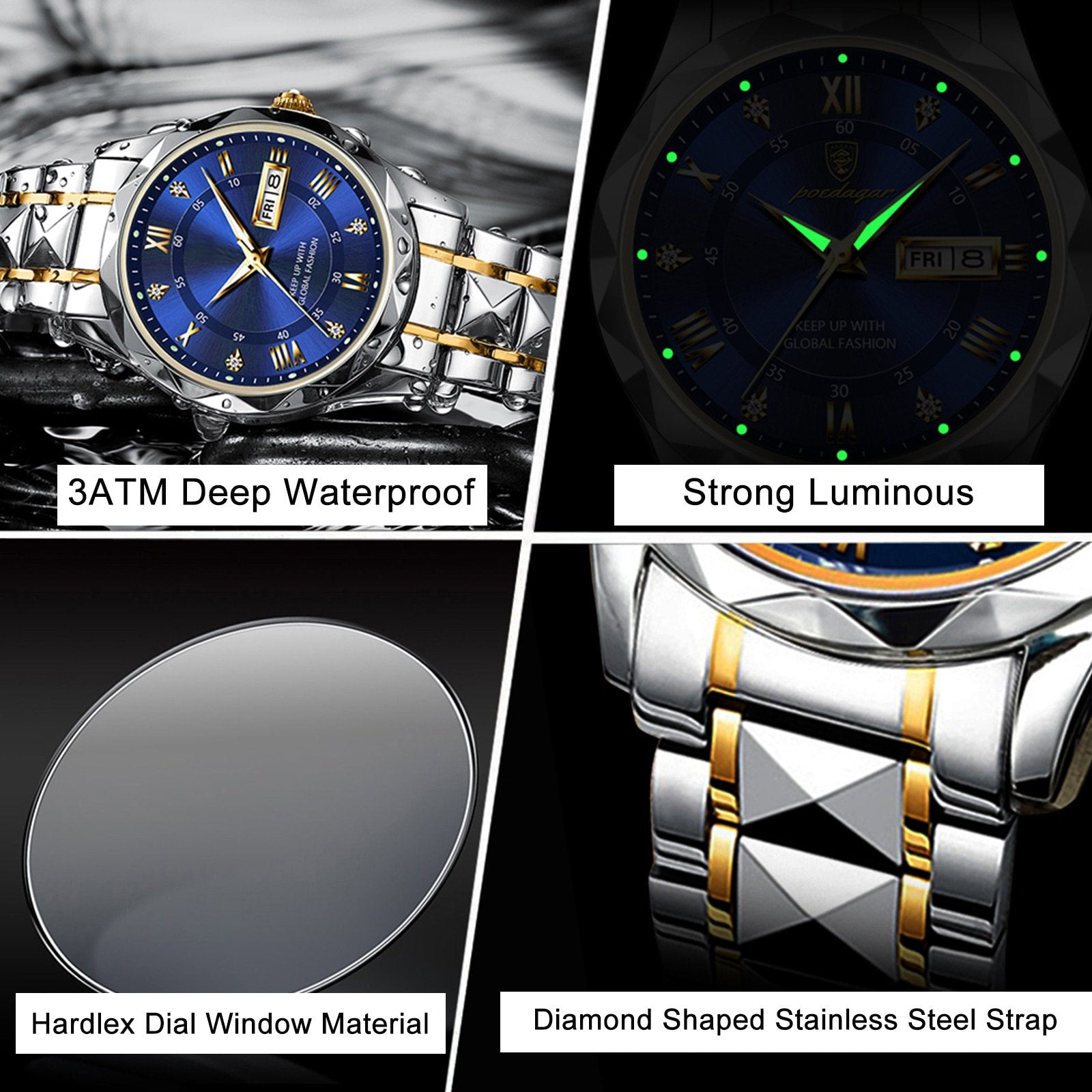 Men's Exquisite Diamond Watch with Luminous Dial and Day Date