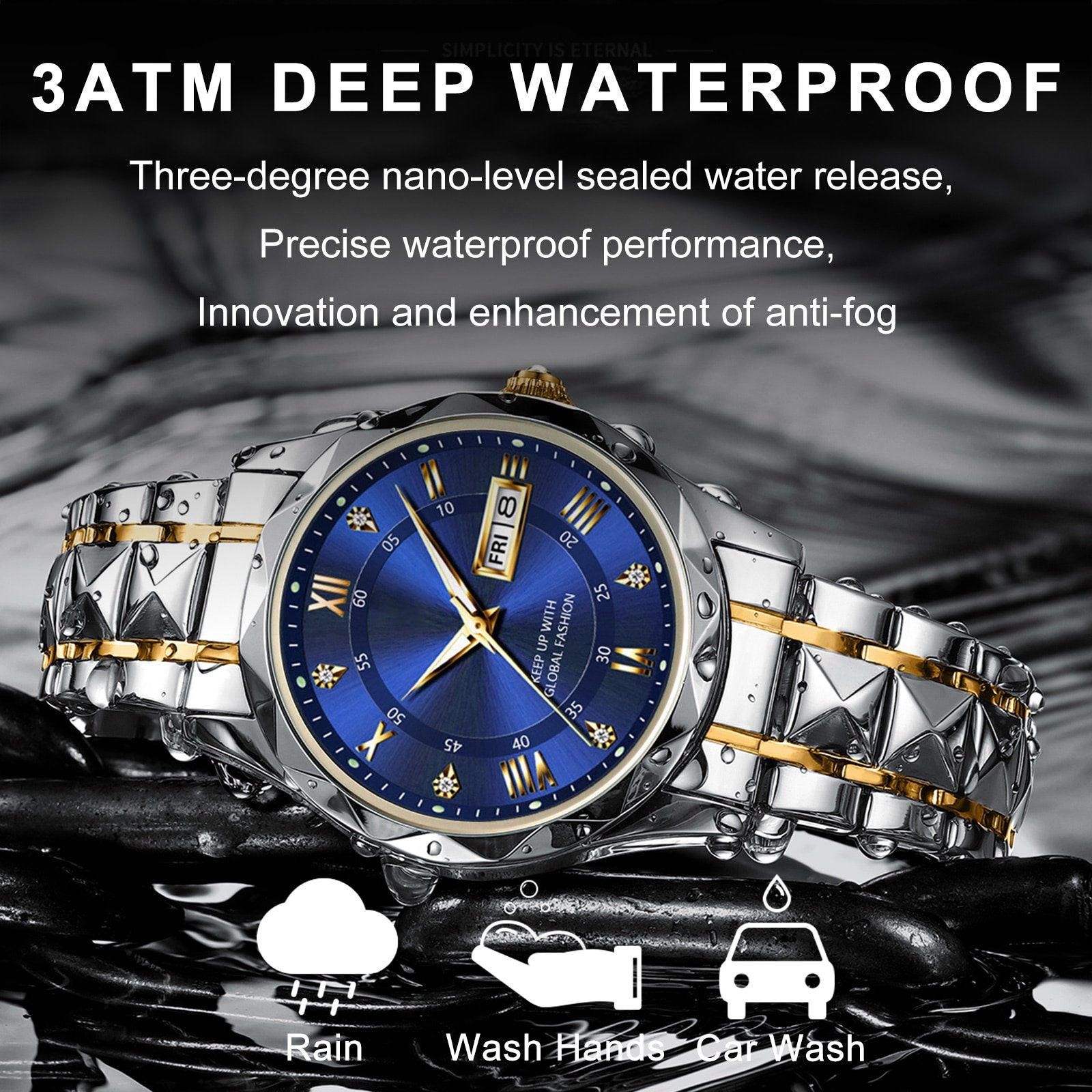 Men's Exquisite Diamond Watch with Luminous Dial and Day Date