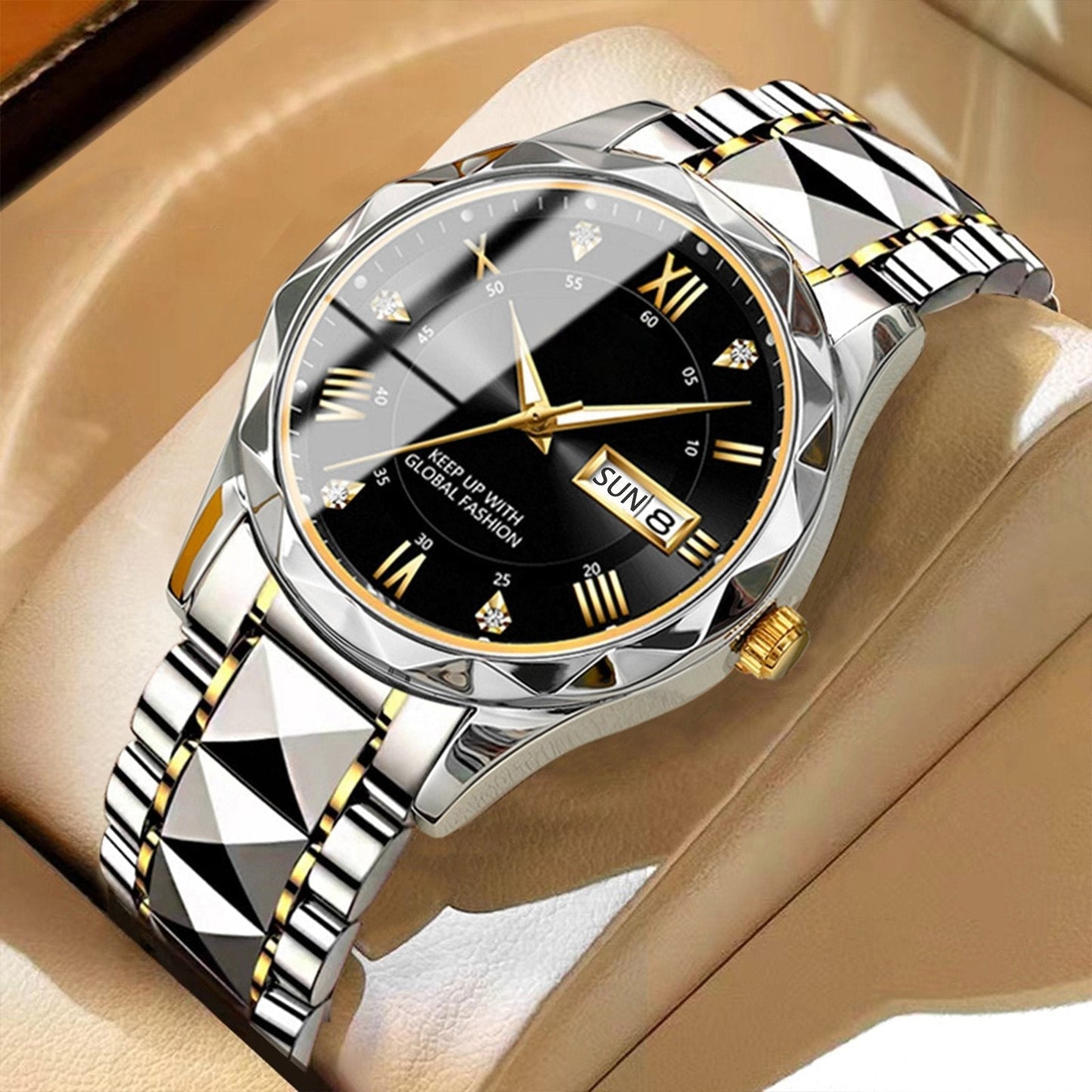Men's Exquisite Diamond Watch with Luminous Dial and Day Date