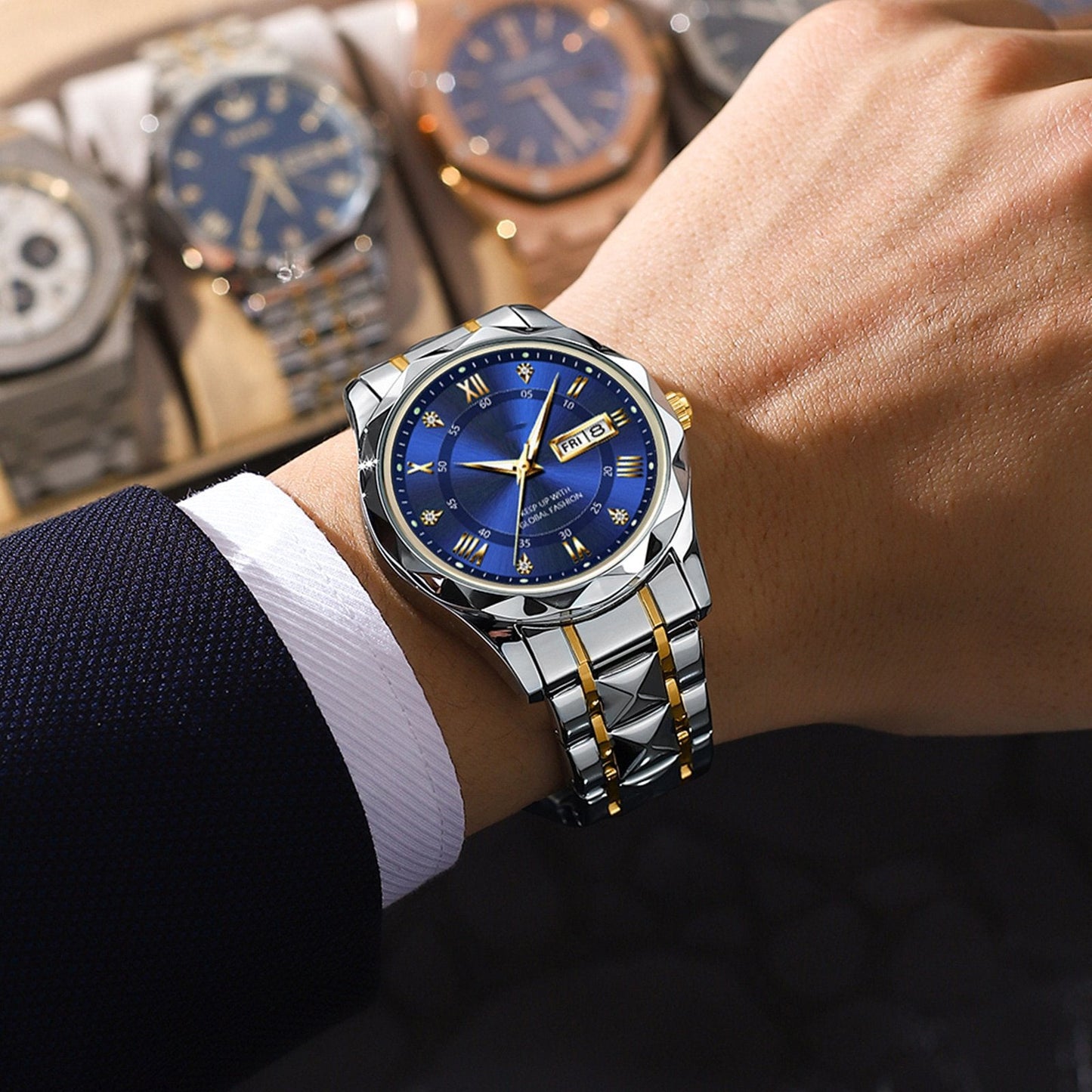 Men's Exquisite Diamond Watch with Luminous Dial and Day Date