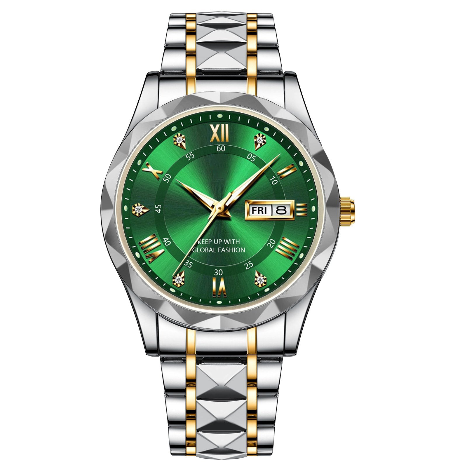 Men's Exquisite Diamond Watch with Luminous Dial and Day Date