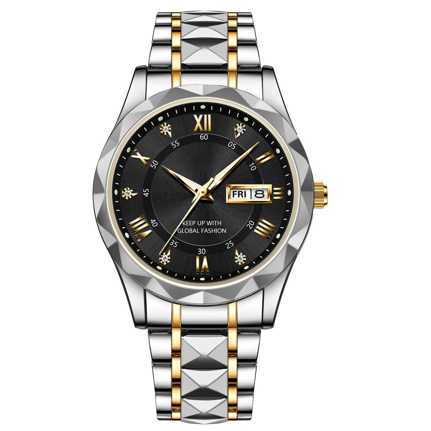 Men's Exquisite Diamond Watch with Luminous Dial and Day Date