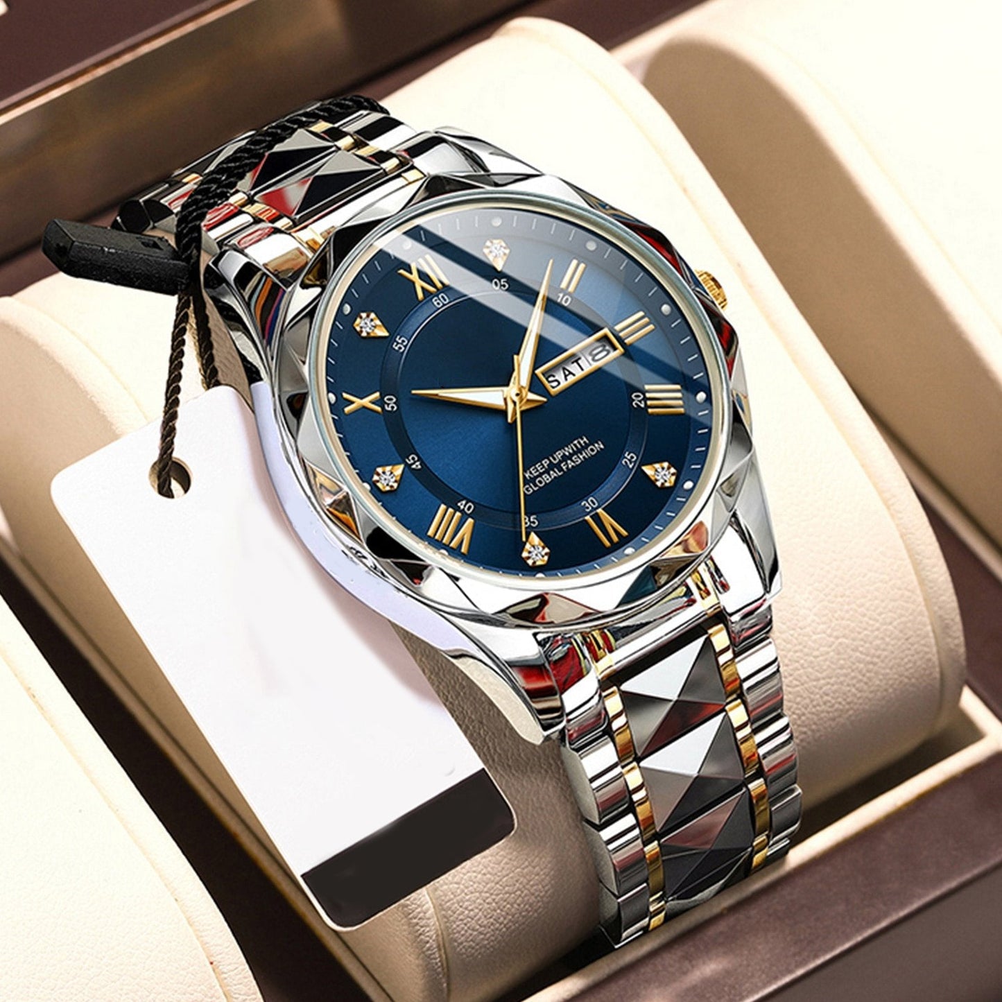 Men's Exquisite Diamond Watch with Luminous Dial and Day Date