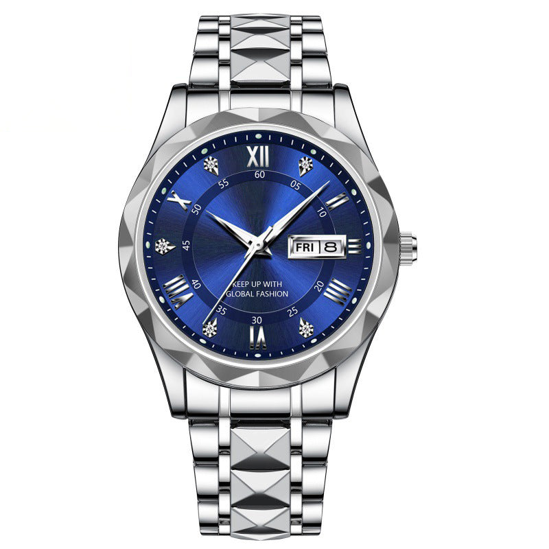 Men's Exquisite Diamond Watch with Luminous Dial and Day Date