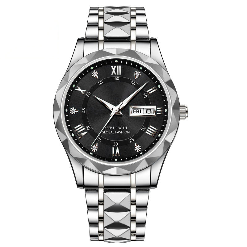 Men's Exquisite Diamond Watch with Luminous Dial and Day Date