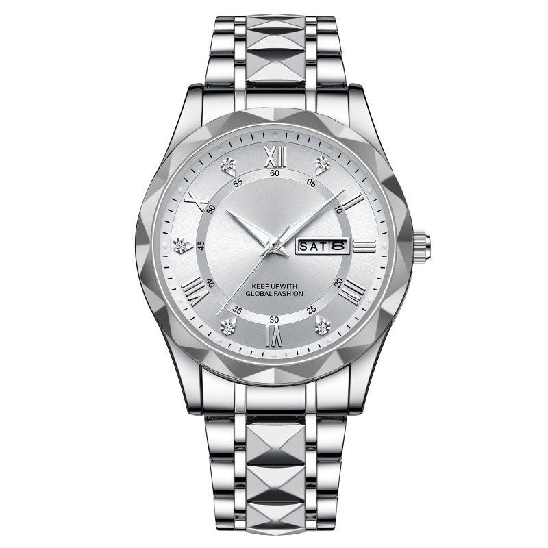 Men's Exquisite Diamond Watch with Luminous Dial and Day Date