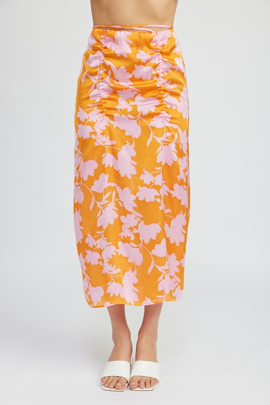 RUCHED MAXI SKIRT WITH WAIST DRAWSTRING