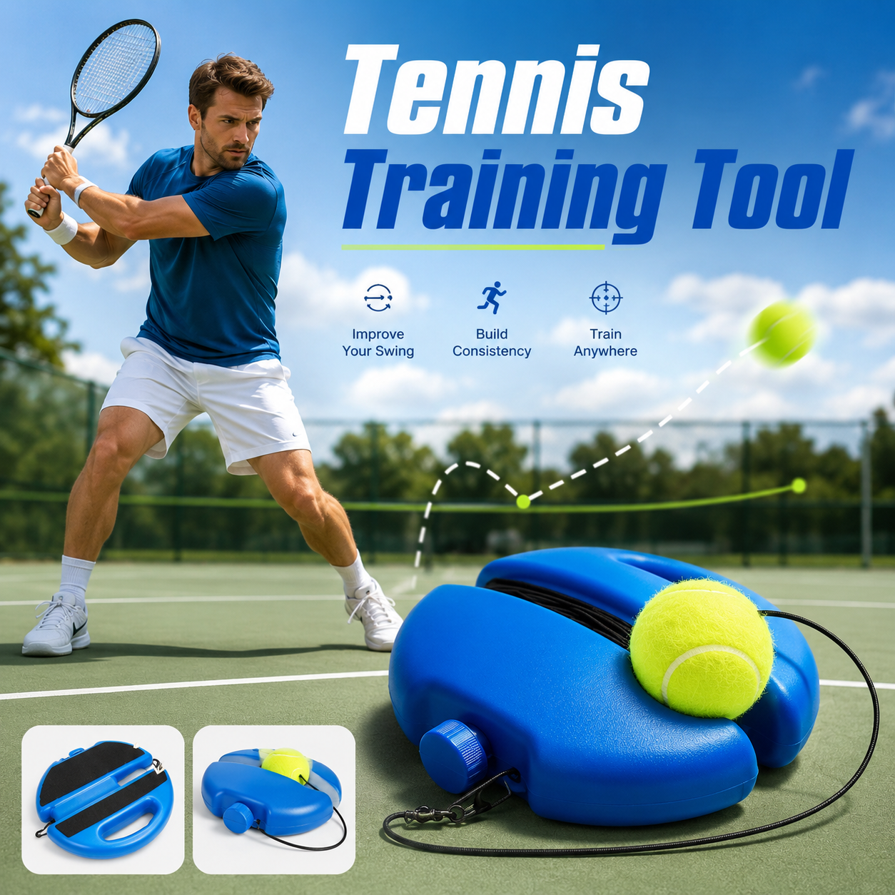 Tennis Trainer Rebounder with Weighted Base & Elastic Rope
