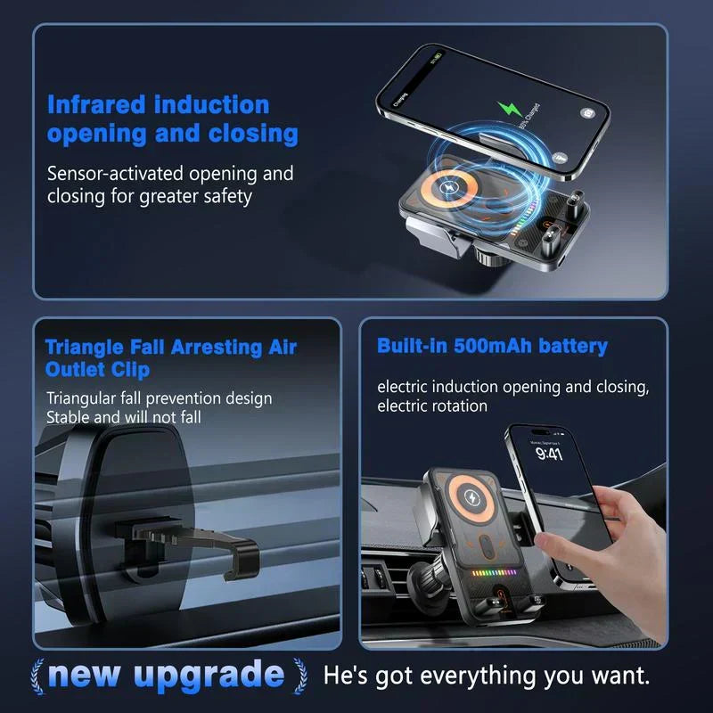 2-in-1 Car Phone Holder Wireless Charger 15W Fast Charging Automatic Clamping