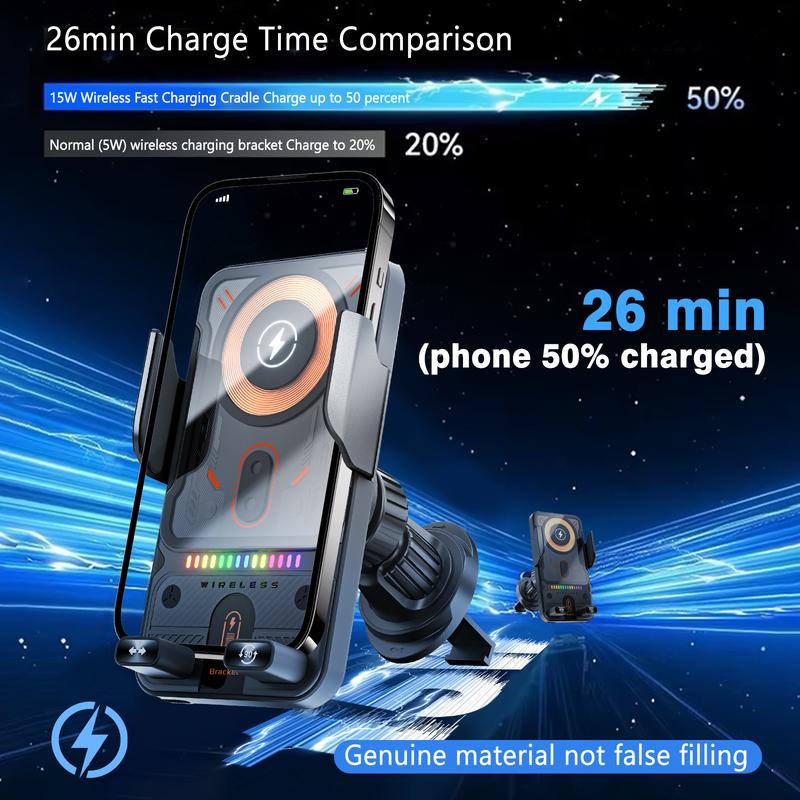 2-in-1 Car Phone Holder Wireless Charger 15W Fast Charging Automatic Clamping