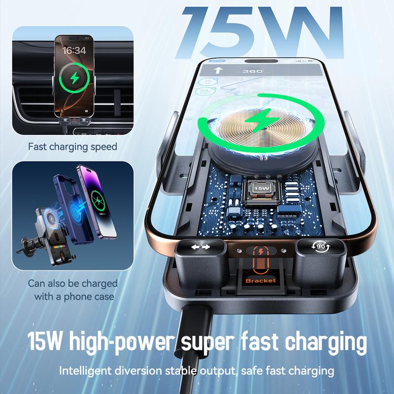2-in-1 Car Phone Holder Wireless Charger 15W Fast Charging Automatic Clamping
