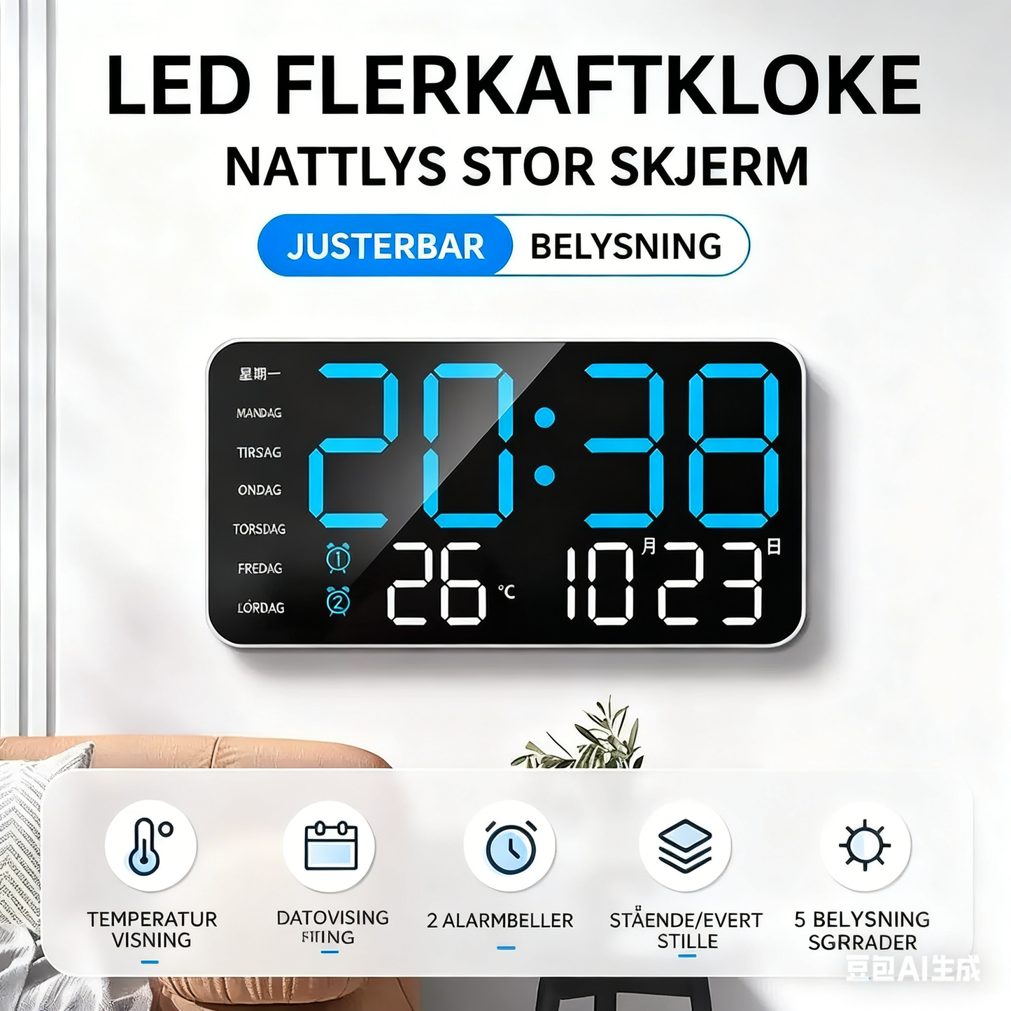 Multifunctional LED Digital Wall Clock with Temperature Display
