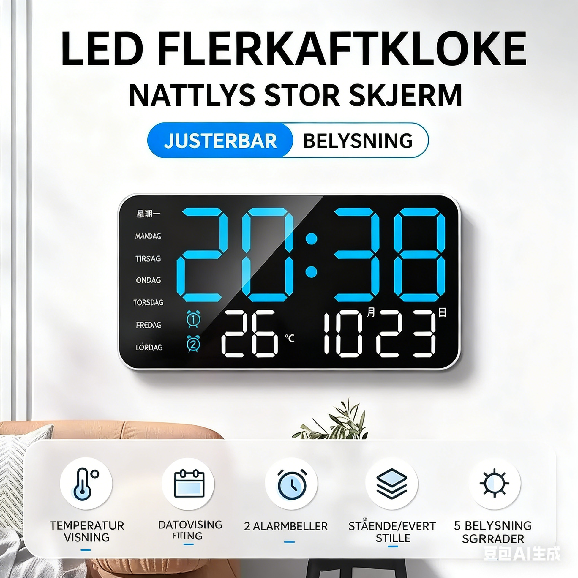 Multifunctional LED Digital Wall Clock with Temperature Display
