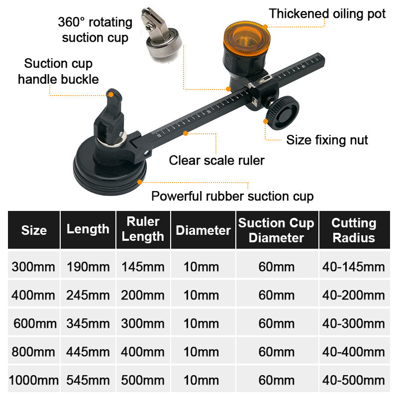 Glass Compass Gauge Cutter with 360 Degree Rotating Head and Suction Cup