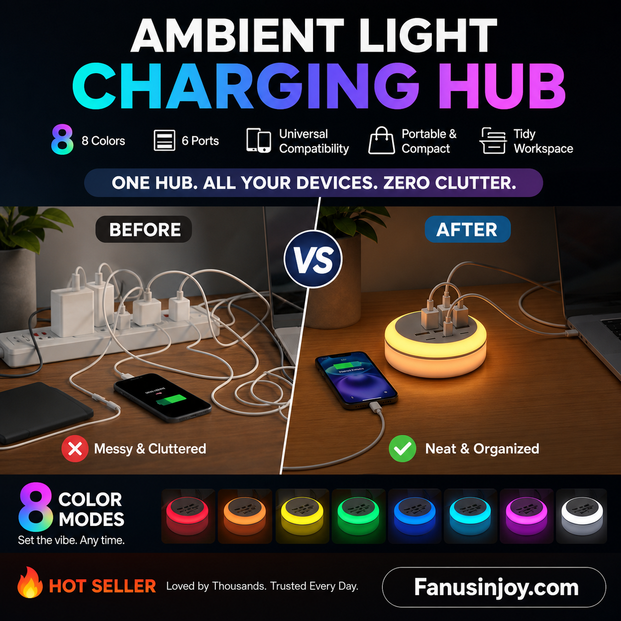 Portable 6-Port Charging Station with 8-Color Night Light