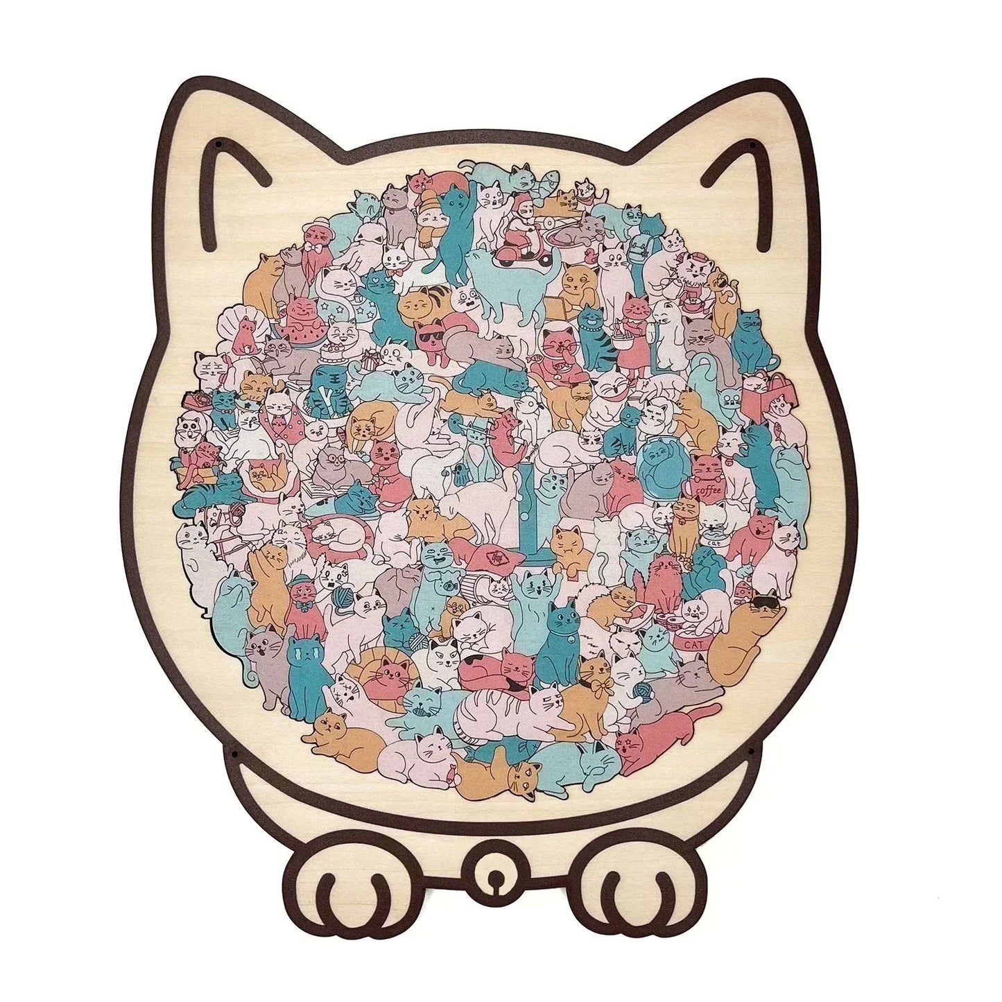 135-Piece Morandi-Colored Cat Shaped Wooden Jigsaw Puzzle
