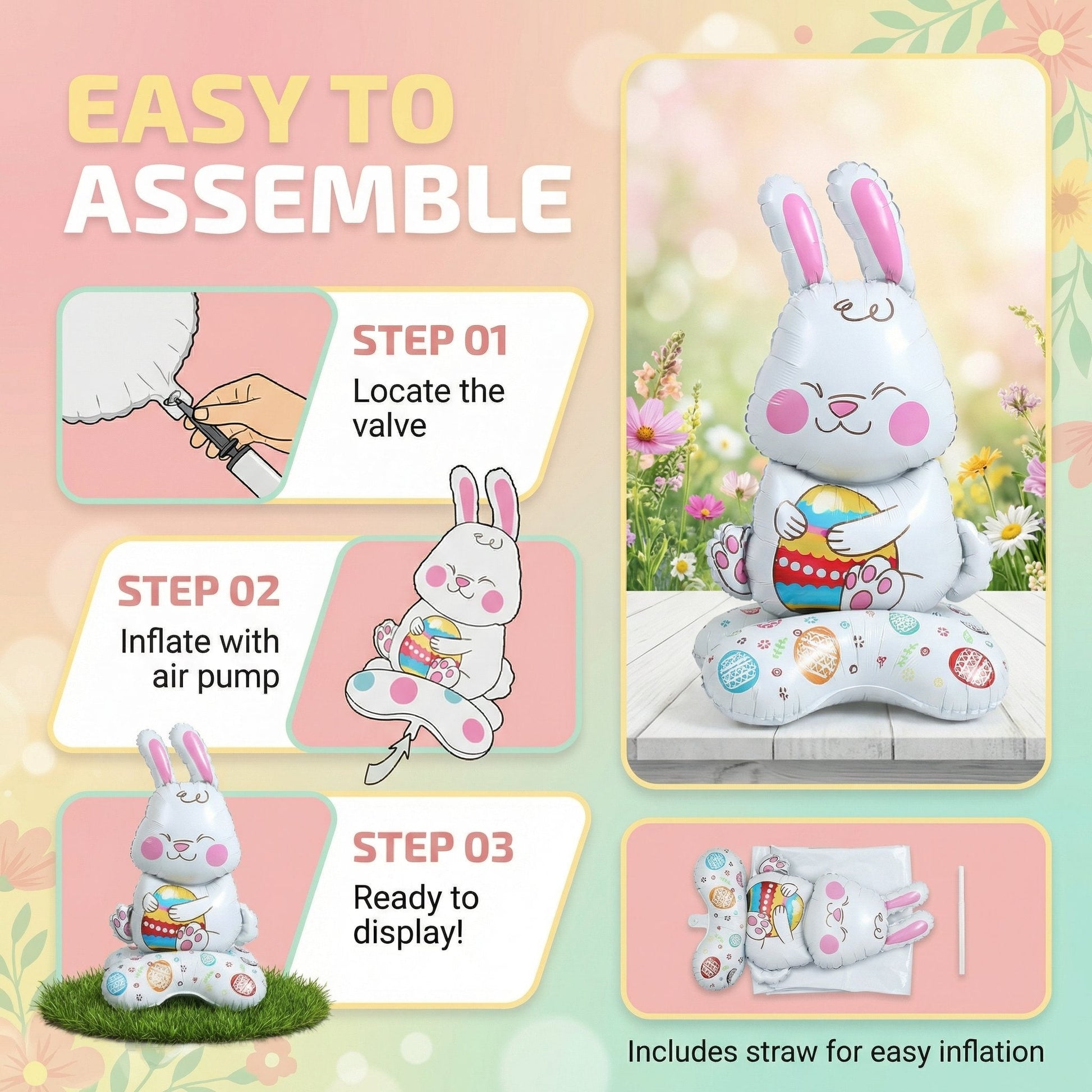 Giant 3D Standing Bunny Balloon Self-Supporting Easter Decoration