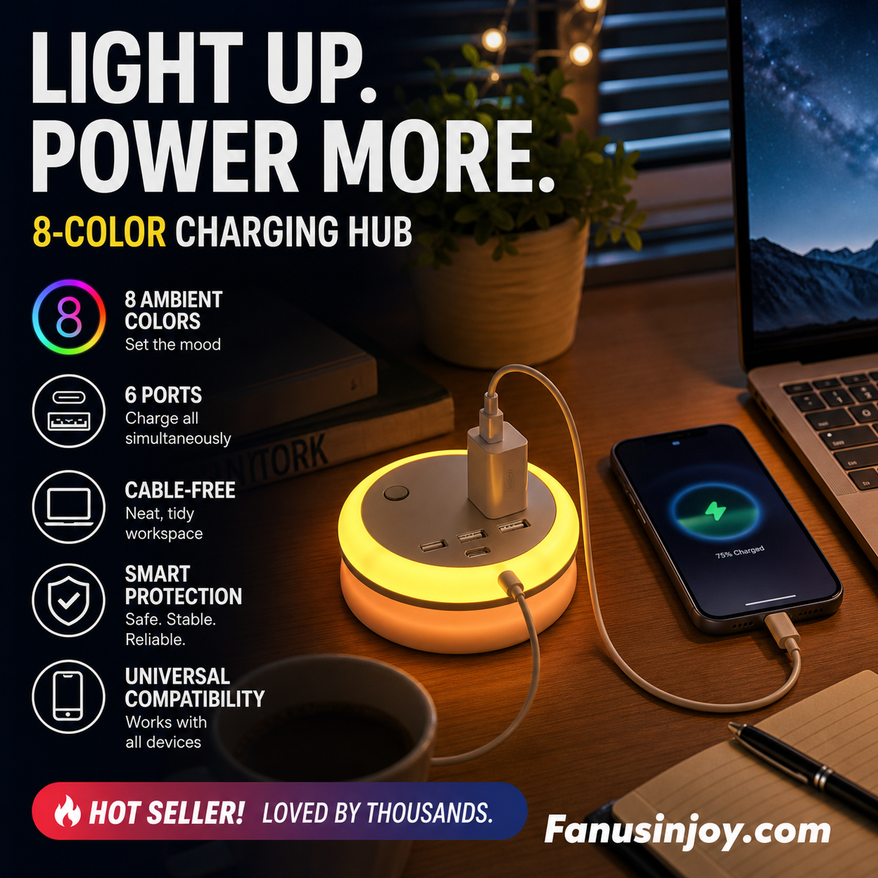 Portable 6-Port Charging Station with 8-Color Night Light