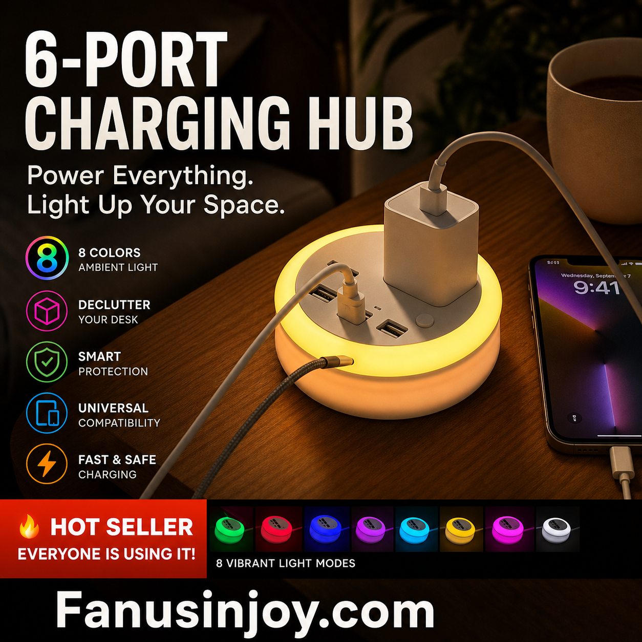 Portable 6-Port Charging Station with 8-Color Night Light