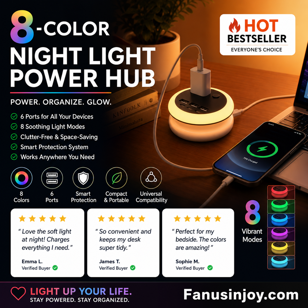 Portable 6-Port Charging Station with 8-Color Night Light