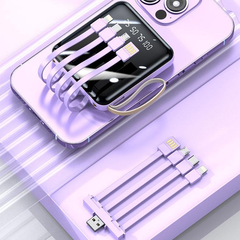 20000mAh Mini Power Bank with Built-in Cables and LED Light