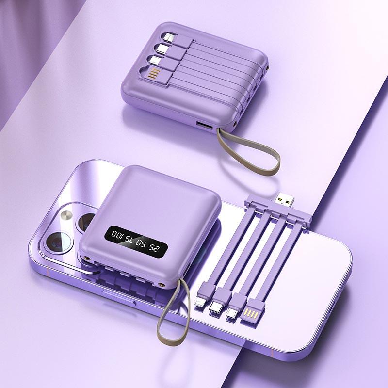 20000mAh Mini Power Bank with Built-in Cables and LED Light