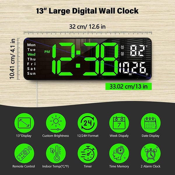16-Inch Large Digital Clock with Temperature, Date, Auto DST, Night Light, and Auto Brightness Dimmer