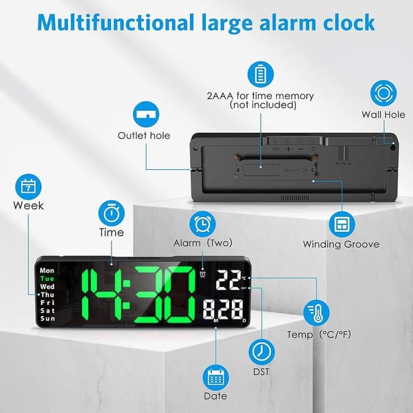 16-Inch Large Digital Clock with Temperature, Date, Auto DST, Night Light, and Auto Brightness Dimmer