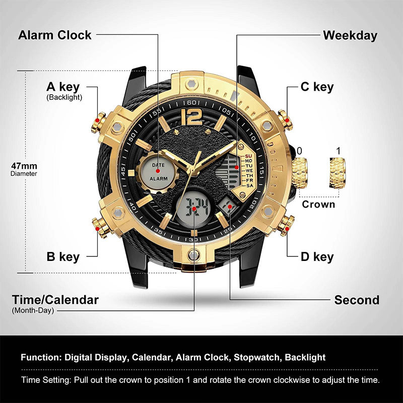 Multifunctional Dual Display 3ATM Waterproof Men's Quartz Sports Watch
