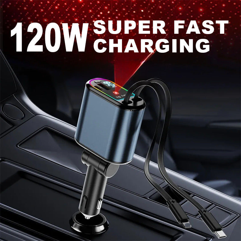 Retractable Car Charger with Starlight Projection and Quad-Port Fast Charging
