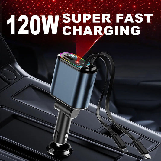 Retractable Car Charger with Starlight Projection and Quad-Port Fast Charging