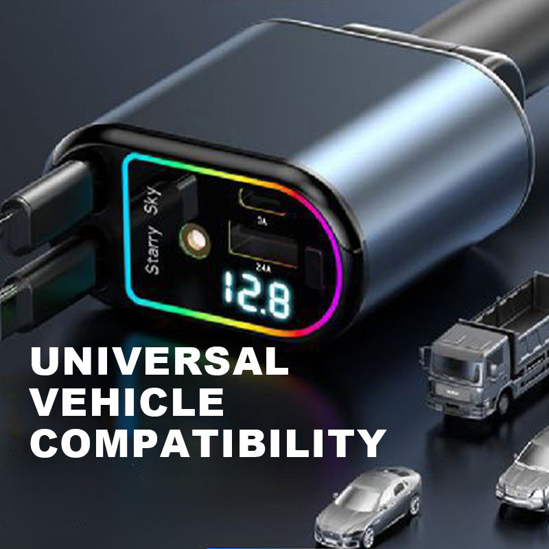 Retractable Car Charger with Starlight Projection and Quad-Port Fast Charging