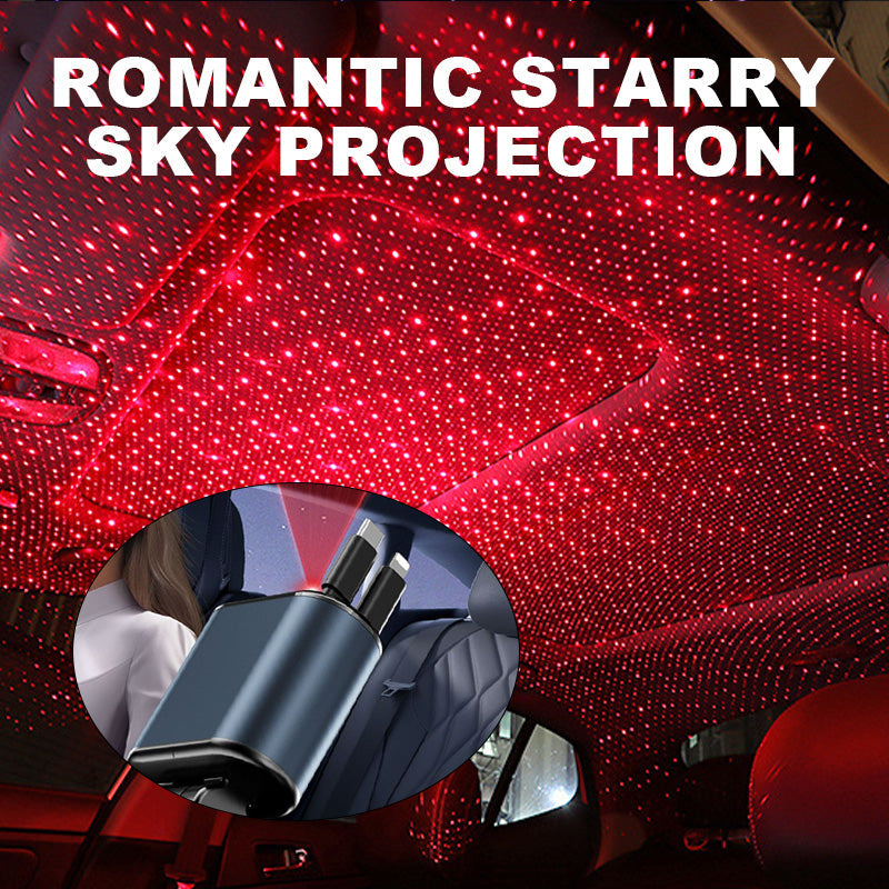 Retractable Car Charger with Starlight Projection and Quad-Port Fast Charging