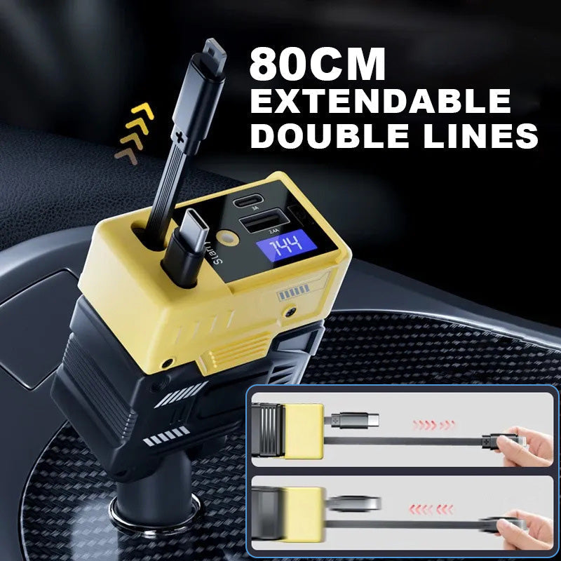 Retractable Car Charger with Starlight Projection and Quad-Port Fast Charging