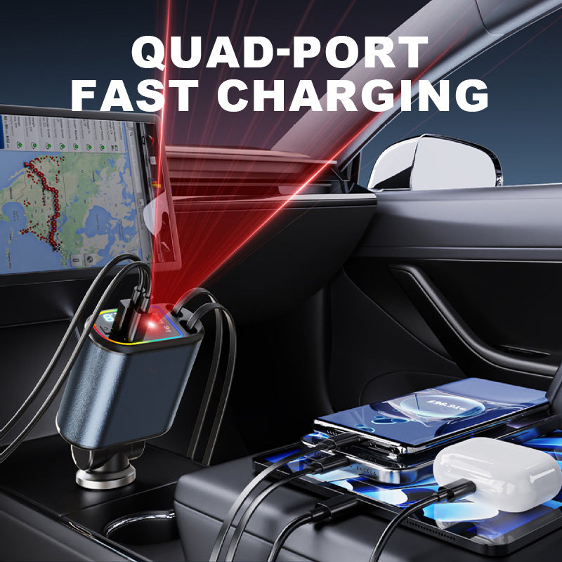 Retractable Car Charger with Starlight Projection and Quad-Port Fast Charging