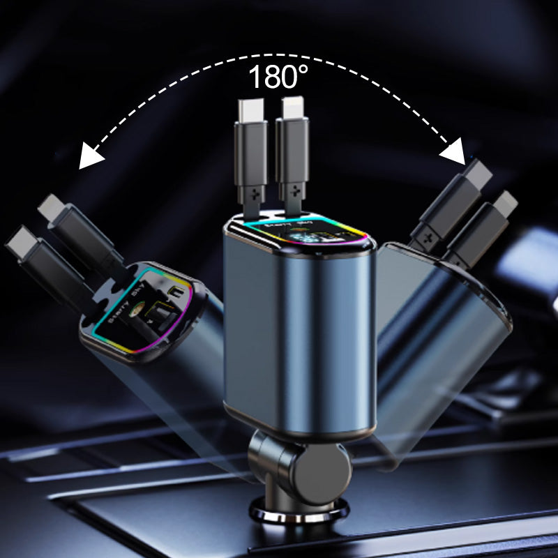 Retractable Car Charger with Starlight Projection and Quad-Port Fast Charging