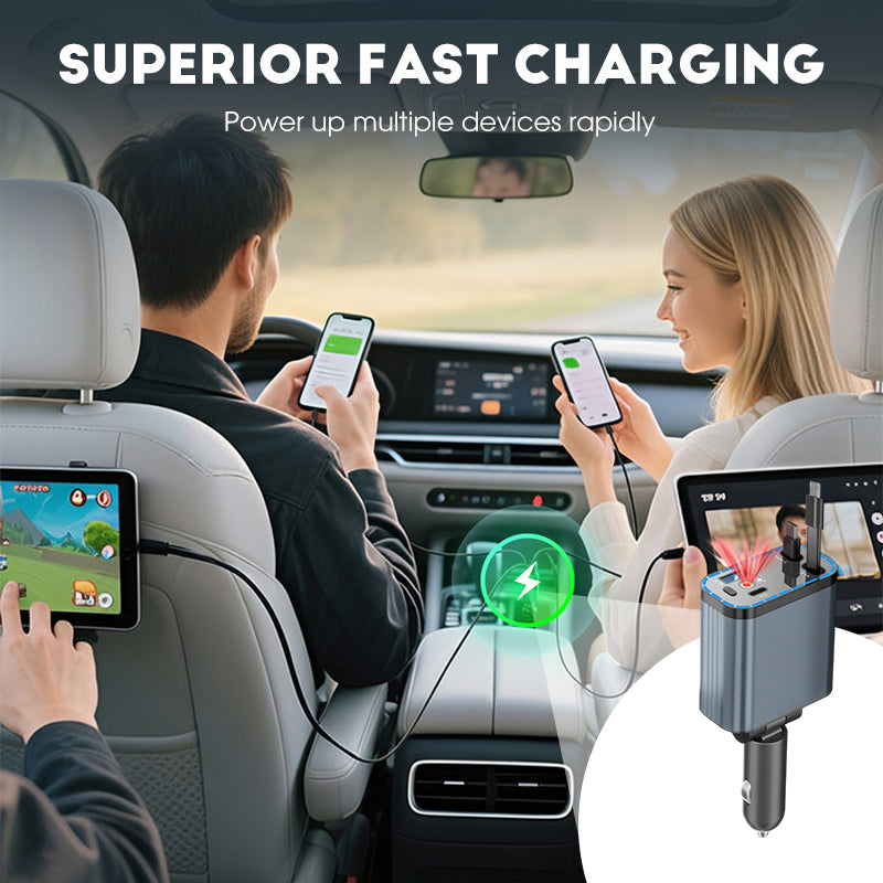 4-in-1 Car Charger 90W with Retractable Cables and Starlight Projector