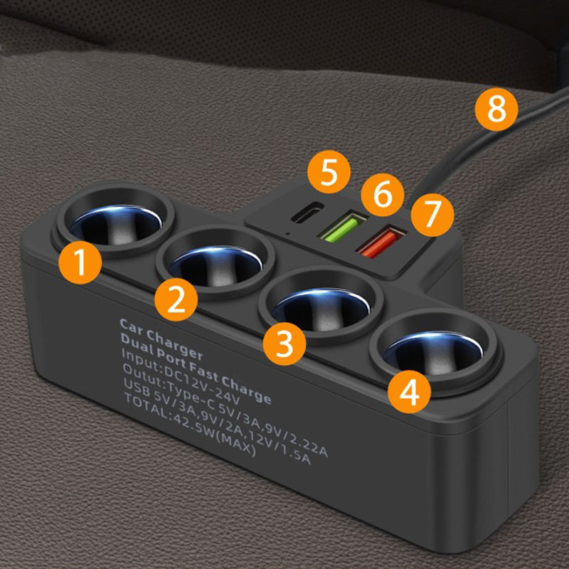 7-in-1 Cigarette Lighter Adapter with 4 Sockets and 3 USB Ports