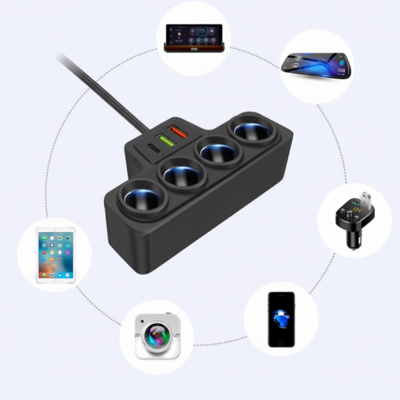 7-in-1 Cigarette Lighter Adapter with 4 Sockets and 3 USB Ports