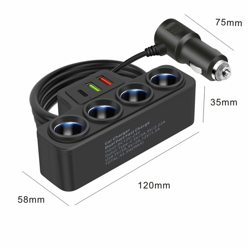 7-in-1 Cigarette Lighter Adapter with 4 Sockets and 3 USB Ports