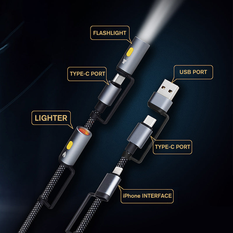 6-in-1 Braided Charging Cable with LED Light and Flameless Lighter