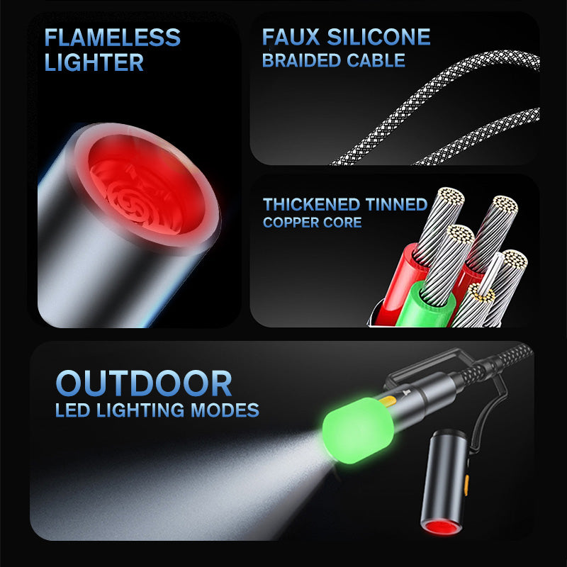 6-in-1 Braided Charging Cable with LED Light and Flameless Lighter